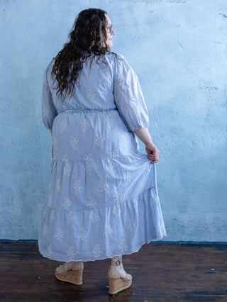 Light Blue Pinstripe Embroidered Maxi Dress