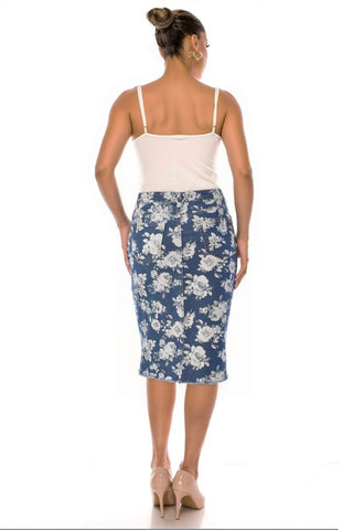 Rose Print Denim Midi Skirt