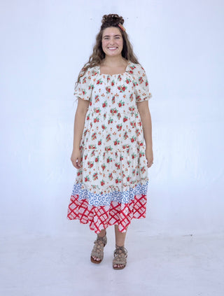 Rose Floral Colorblock Midi Dress