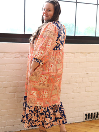 Peach and Navy Floral Midi Dress