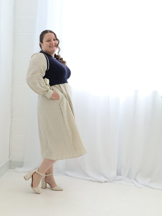Navy Pinstriped Sweater Dress