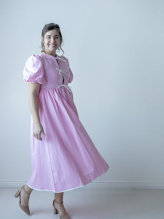 Pastel Pink and White Bow Midi Dress
