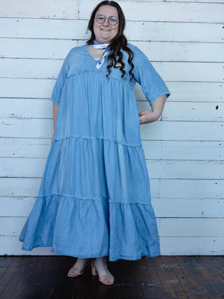Washed Denim Tiered Fringe Dress