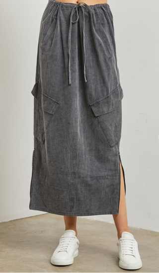 Acid Wash Denim Maxi Cargo Skirt