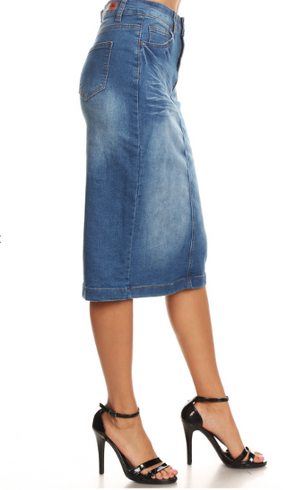 Cassie Distressed Denim Midi Skirt