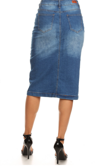 Cassie Distressed Denim Midi Skirt