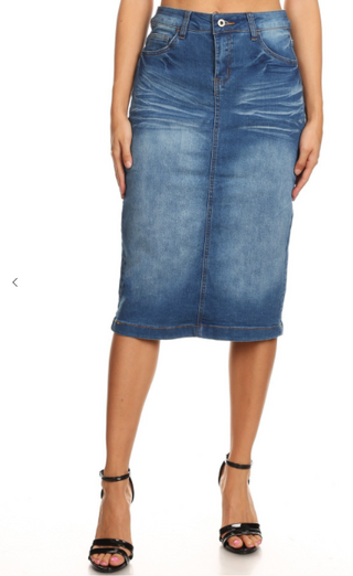 Cassie Distressed Denim Midi Skirt