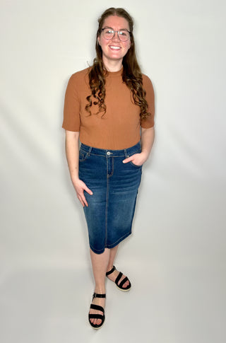 The Ashley Indigo Wash Denim Skirt with Pocket Detail