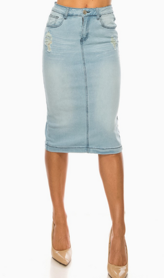 Sadie Light Wash Distressed Detail Denim Skirt