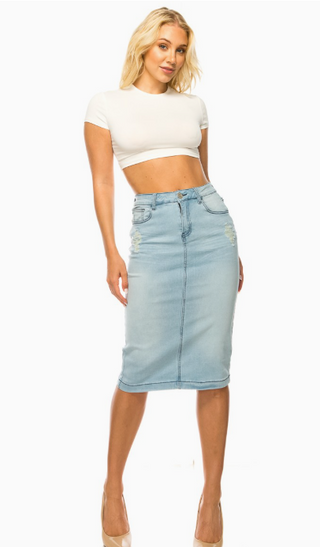 Sadie Light Wash Distressed Detail Denim Skirt