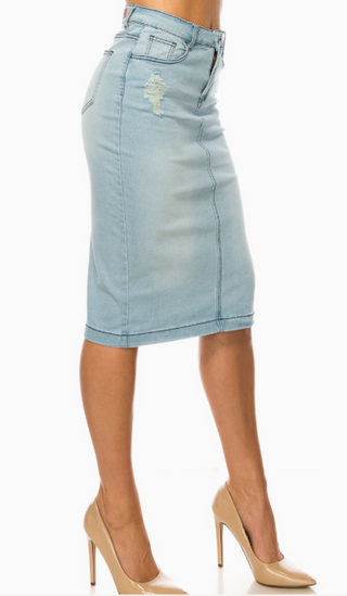 Sadie Light Wash Distressed Detail Denim Skirt