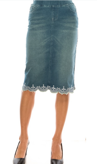Vintage Denim Lace Skirt with Elastic Waistband