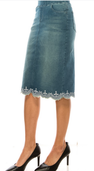 Vintage Denim Lace Skirt with Elastic Waistband