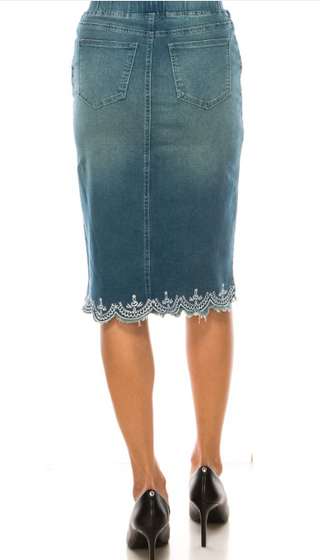 Vintage Denim Lace Skirt with Elastic Waistband