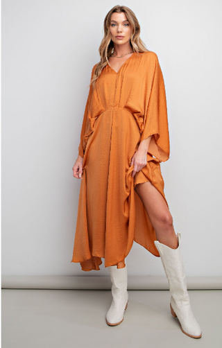 Burnt Orange Satin Midi Dress