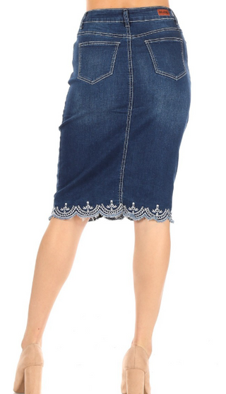 Vintage Lace Trim Dark Wash Denim Skirt