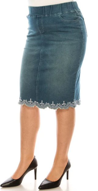 Vintage Denim Lace Skirt with Elastic Waistband