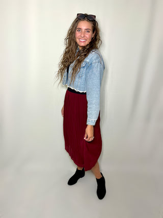 Burgundy High Waisted Pleated Midi Skirt