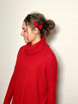 Rose red heart shaped handmade wood hair clips