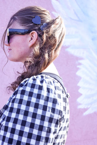 Black heart shaped handmade wood hair clips